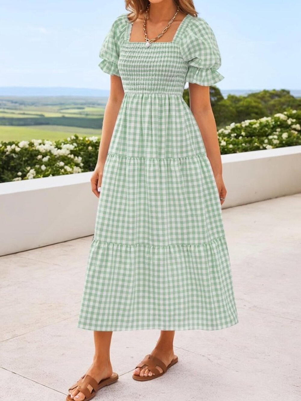 Zesica Boho Summer Gingham Puff Sleeve Square Neck Flowy Green Midi Dress XLarge